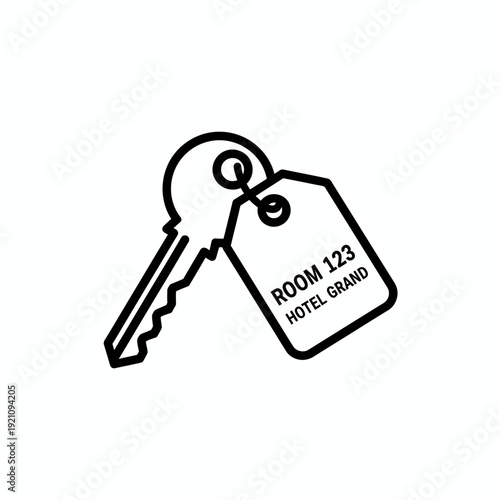 Stylized hotel room key with a tag and room number, representing accommodation, lodging, and hospitality.