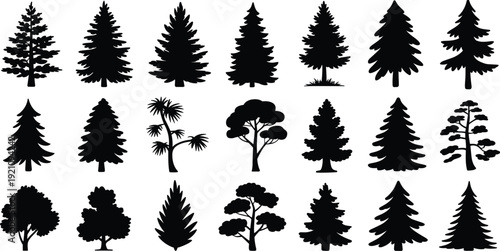 Set of tree silhouettes, pine, fir and deciduous trees vector collection isolated on white background for landscape design