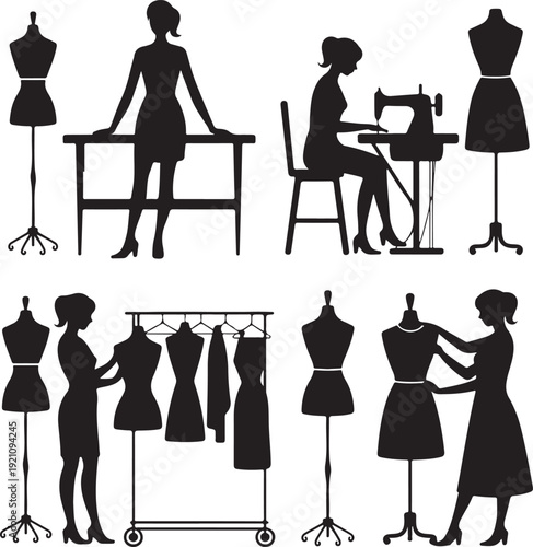 Silhouettes of women working in fashion with mannequins, sewing machines, and clothing racks