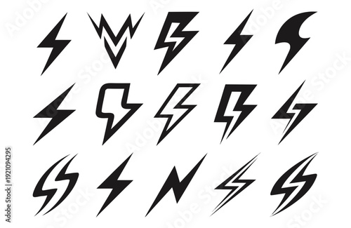Collection of various lightning bolt icons on white background
