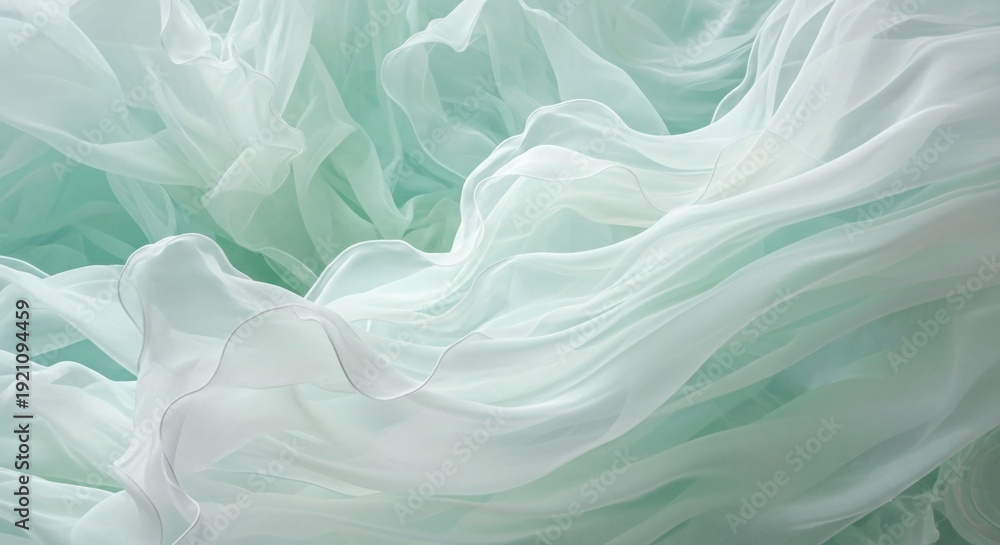 Fototapeta premium A close-up view of flowing white and green fabric with soft folds and gentle curves