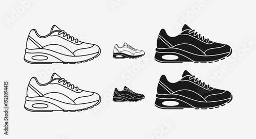 Running shoes icon set featuring sport sneaker variations. Collection includes outline sneaker design and solid black silhouette sneaker.