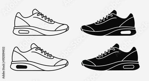 Running shoes icon set featuring sport sneaker variations. Collection includes outline sneaker design and solid black silhouette sneaker.