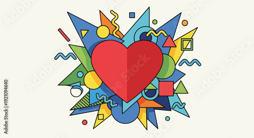 A stylized heart is the focal point, with geometric shapes surrounding it