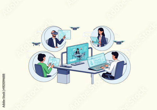 Ilustration Flat Design Concept Diverse team collaborates using advanced technology for remote work.