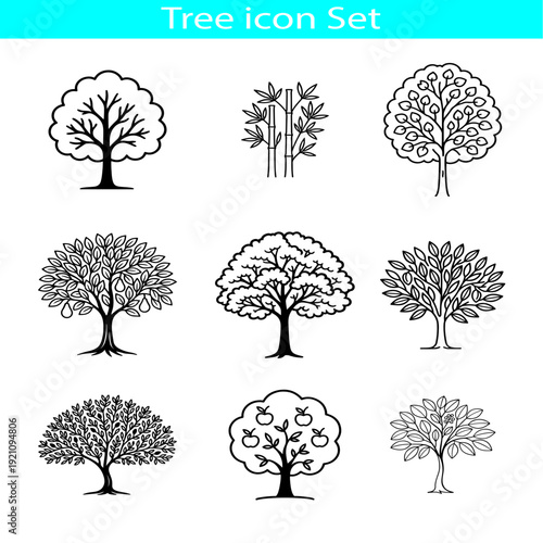A diverse set of twelve black and white tree icons in various styles and shapes.

