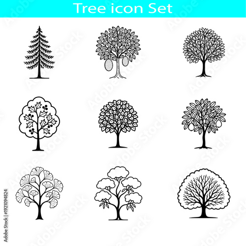 Diverse set of twelve stylized tree icons in black and white line art
