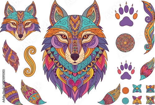 Ethnic Fox Head Mandala Vector Set with Colorful Geometric Patterns Tribal Paw Prints Floral Elements and Ornaments for Boho Style Apparel and Tattoo Designs