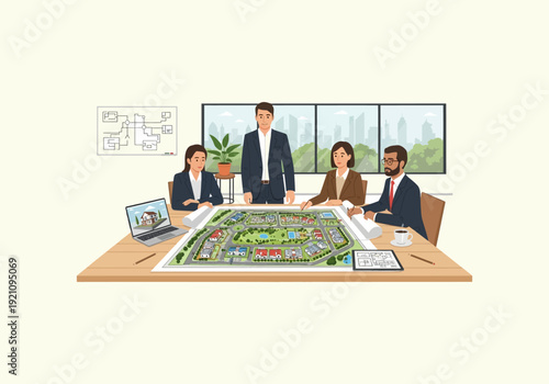 Ilustration Flat Design Concept Diverse Business Team Collaborating on Urban Development Project.