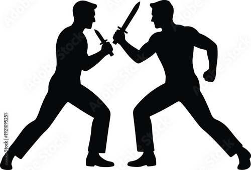 Knife fight silhouette, violent confrontation scene, criminal attack concept, danger conflict vector illustration, isolated security risk design