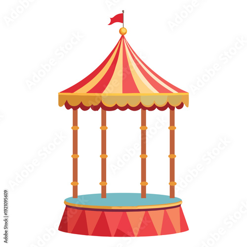 A vintage striped circus tent vector illustration featuring a red carnival marquee with a flag on top isolated on white for a fun fair or amusement park festival event