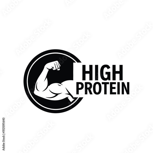 Vector illustration icon black and white logo of a muscular arm flexing with high protein text