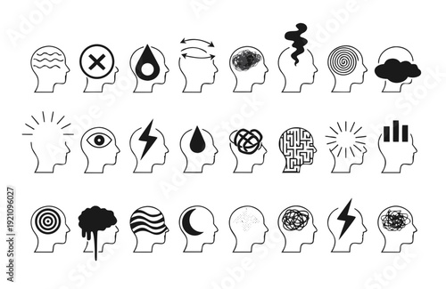 Black and white illustrations of heads with various thoughts and emotions