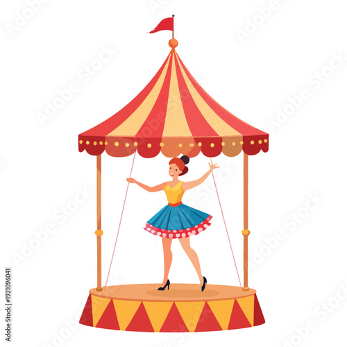 A fun cartoon illustration of a girl enjoying a colorful carnival with a carousel and circus tent under a bright blue sky at a festive fair