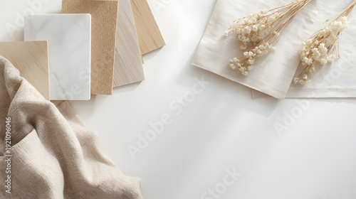 Interior design mood board with wood samples and dried flowers. Minimalist flat lay background.
