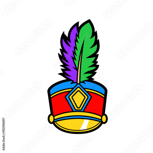 Colorful marching band hat with vibrant feathers isolated on a white background, featuring bold geometric shapes and vivid primary colors in an artistic illustration