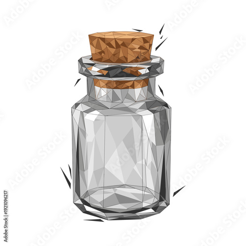 Polygonal corked apothecary jar isolated on white background, featuring geometric design and transparent glass effect