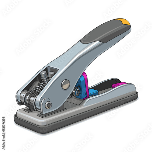 Metallic paper craft punch with ergonomic handle isolated on white background, featuring colorful accents and precise mechanism