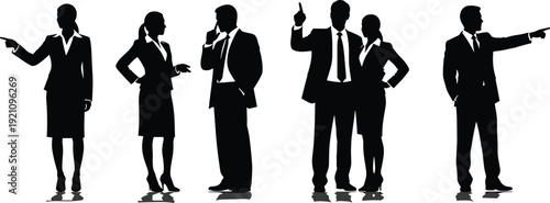 Black vector silhouette set of professional business people pointing and communicating in formal suits for corporate leadership management office life and career branding