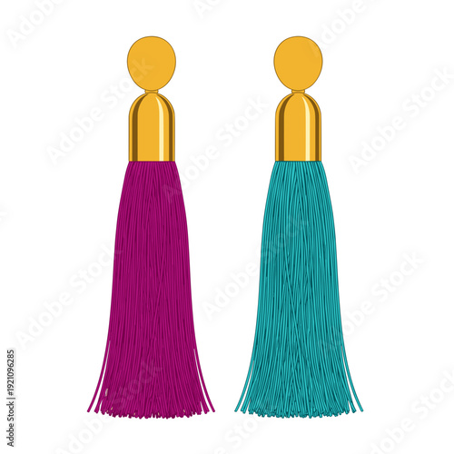 Vibrant tassel earrings with gold accents isolated on a white background, featuring bold magenta and teal colors in a stylish modern design