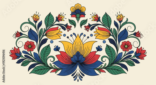 A symmetrical floral design with stylized flowers and foliage in vibrant colors