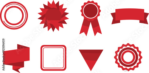 Red geometric badge label ribbon and frame vector icon set for branding sale promotion and product packaging design