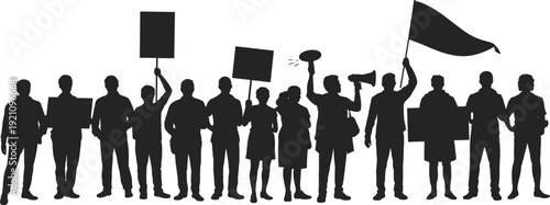 Black vector silhouette set of protesters holding blank signs and flags for political activism social justice peaceful demonstration community rally and human rights branding
