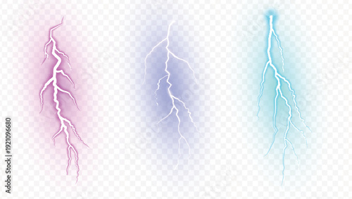 Multiple colorful lightning bolts set on transparent background creating vivid electrical discharge