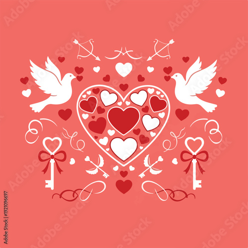A Valentine's Day illustration with hearts, doves, keys, bows, and arrows