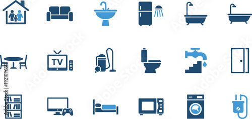 Home Living and Household Appliance Vector Icon Set Featuring Furniture Kitchenware Bathroom Fixtures Electronics and Residential Interior Symbols for Real Estate Apps and Domestic Lifestyle Designs