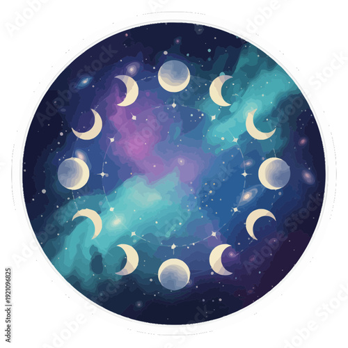 Moon Phases Arranged in a Circle Celestial Sticker | Circular Moon Phases Lunar Cycle Celestial Sticker Design | Minimal Celestial Moon Phase Wheel Circle Sticker | Cosmic Lunar Phases Circle
