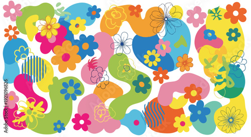 A vibrant abstract composition featuring colorful floral designs and shapes