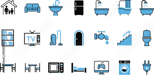 Home Living and Household Appliance Vector Icon Set Featuring Furniture Kitchenware Bathroom Fixtures Electronics and Residential Interior Symbols for Real Estate Apps and Domestic Lifestyle Designs