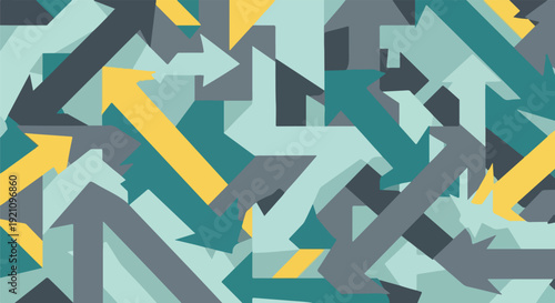 A vibrant, abstract composition with an array of overlapping arrow forms