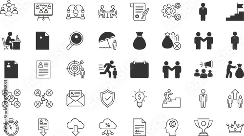 Professional Business Management Icon Set Featuring Human Resources Symbols For Corporate Strategy Team Collaboration Career Development Workforce Planning Financial Growth And Industrial Office 