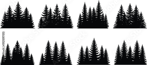Pine forest silhouettes collection, evergreen tree vector set isolated on white background for winter nature landscape design clipart