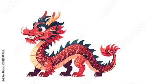 A traditional Chinese dragon statue illustration in red and gold,  mythology, and ancient Asian culture