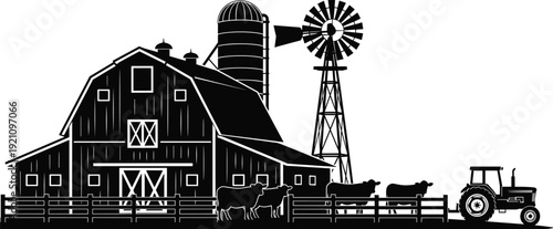 Black and white farm silhouette featuring a large barn silo windmill tractor and grazing cows behind a wooden fence for agriculture