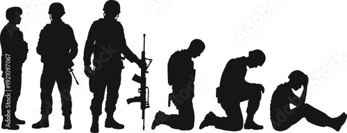 Black vector silhouette set of soldiers in various poses including standing kneeling and sitting for military mental health veteran support and national defense branding