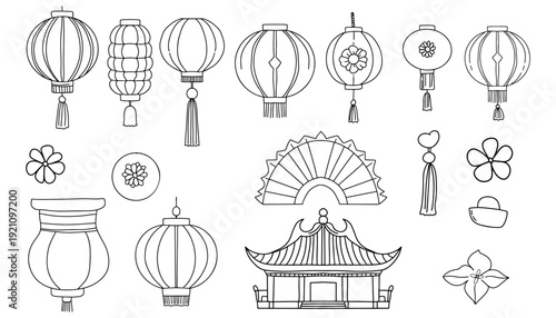 Set of handrawn doodles lantern chinese new year decoration element