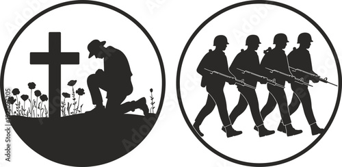 Black vector silhouette set of soldiers marching and a kneeling soldier praying at a cross grave for military memorial day and veteran branding