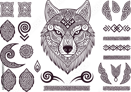 Intricate Celtic Wolf Mandala Vector Set Featuring Nordic Knotwork, Mystic Runic Symbols, Tribal Borders, and Monochrome Spirit Animal Illustration for Tattoo and Craft Design