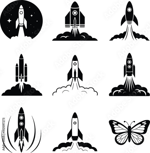 Black vector silhouette set of space rockets launching with smoke clouds and a butterfly for startup business growth exploration science technology and innovation branding