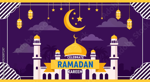 Islamic Mosque with Crescent Moon and Lanterns