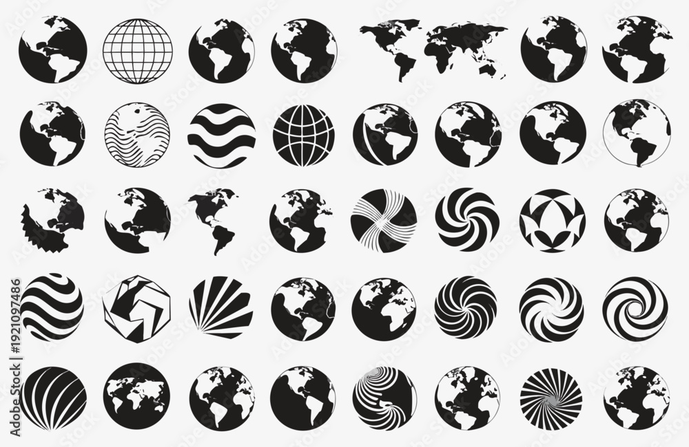 Obraz premium Collection of black and white globe icons and world map symbols