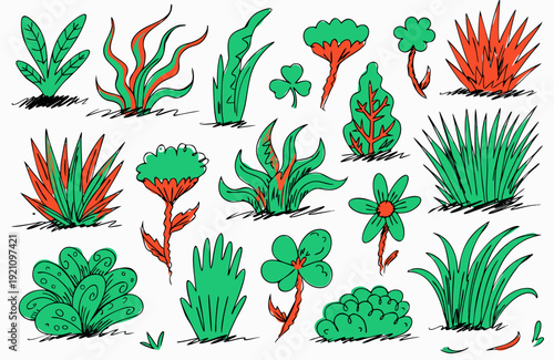 Collection of various green plants and grass