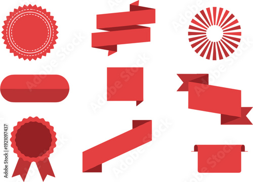Red ribbon banner badge and sunburst label vector set for branding sale promotion and product packaging design