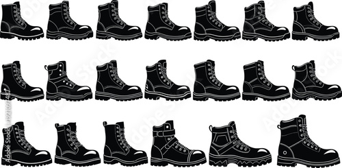 Black vector silhouette set of various industrial work boots and safety shoes with laces for construction engineering manufacturing logistics and rugged outdoor branding