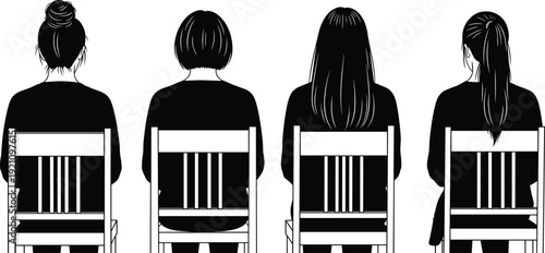 Black vector silhouette set of women sitting on chairs seen from behind with diverse hairstyles including bun bob long hair and ponytail for salon branding design