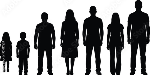 Black Silhouettes of People of Different Ages and Heights Standing in a Row from Children to Adults on White Background